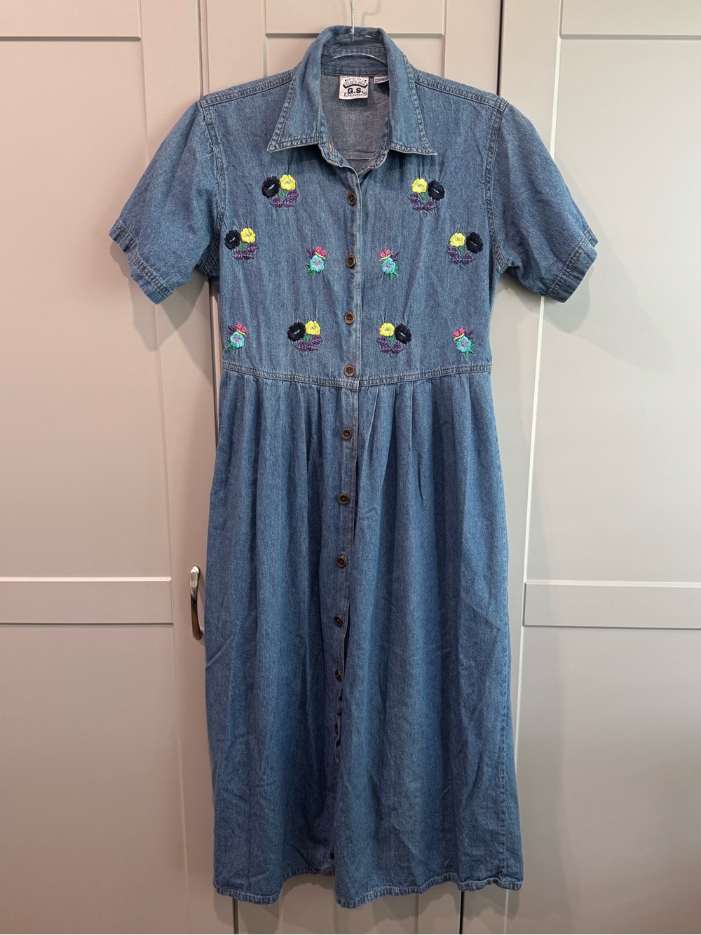 Vintage G.S. Denims Denim Button-Front Dress with Floral Embroidery - Blue